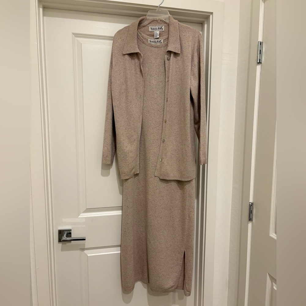 Tan Knit Dress and Cardigan Set
